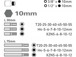 BIT klt. 40 db HEX-TORX-XZN, 10mm, adapter 3/8" és 1/2", CrV, műanyag dobozban