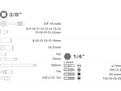 dugókulcs klt., CV., racsnis 45fog ; 3/8", 39db, normál(8-22mm) és hosszú(8-19mm) dugófejek, gyertyakulcs 16&21mm, 11 bi