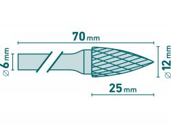 keményfém turbómaró (rotormaró), íves, hegyes orrú, átmérő 12×25mm/szár 6mm, keresztfogazás