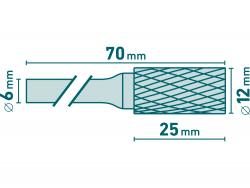 keményfém turbómaró (rotormaró), hengeres, átmérő 12×25mm/szár 6mm, keresztfogazás