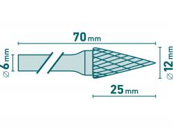 keményfém turbómaró (rotormaró), kúpos, hegyes orrú, 12×25mm átmérő/ 6mm szár, keresztfogazás