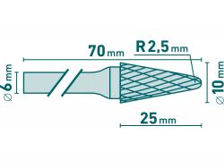 keményfém turbómaró (rotormaró), kúpos, kerek orrú, átmérő 10×25mm/szár 6mm, keresztfogazás