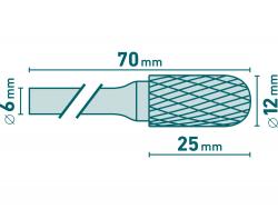 keményfém turbómaró (rotormaró), hengeres, kerek orrú, átmérő 12×25mm/szár 6mm, keresztfogazás