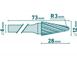 keményfém turbómaró (rotormaró), kúpos, kerek orrú, átmérő 12×28mm/szár 6mm, keresztfogazás