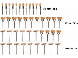 mini drótcsiszoló klt. 3,2 mm befogás, 45 db, 3 féle fazékkefe fejforma, rezezett acélszál