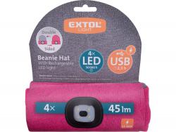 sapka, szürke/pink, kötött, kivehető LED homloklámpával, 4×45 Lumen; USB tölthető Li-ion, 3funkció (100%-75%-50% fénye.)