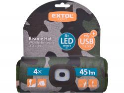 sapka, terepszínű, kötött, kivehető LED homloklámpával, 4×45 Lumen; USB tölthető Li-ion, 3funkció (100%-75%-50%)