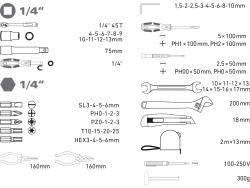 szerszámkészlet, 59db, 1/4" CV.; 10 dugófej(4-13mm), racsnis kar+fogók,csavarhúzók, imbuszkulcs,BIT-ek