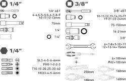 szerszámkészlet, 65db, 1/4"+3/8" CV.; dugókulcsok, racsnis kar, fogók, csavarhúzók, villás kulcsok, BIT-ek