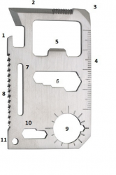 túlélő kártya, 11 funkciós, tokkal; 6,9×4,5×0,2cm, inox